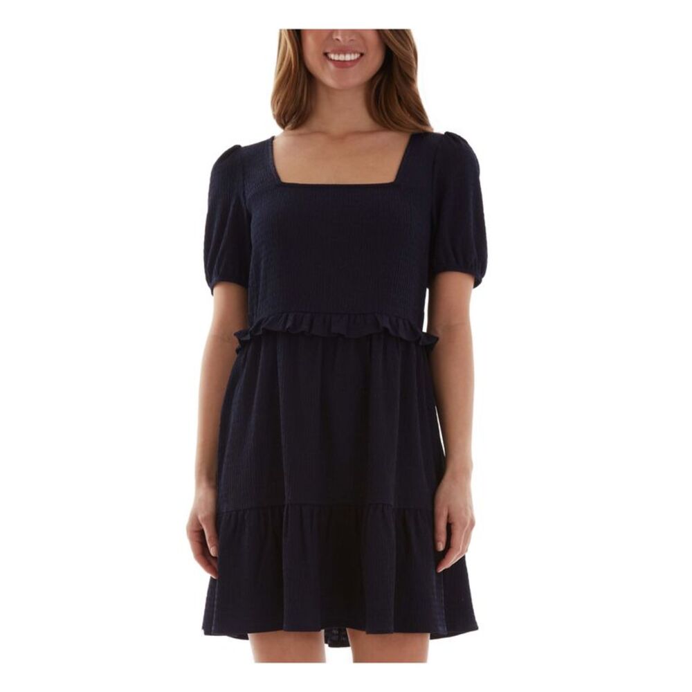 BCX DRESS Womens Ruffled Textured Pouf Sleeve Square Neck Short Shift Dress